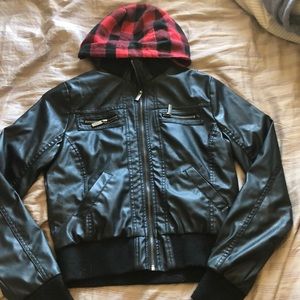 Faux leather jacket w/red plaid hood
